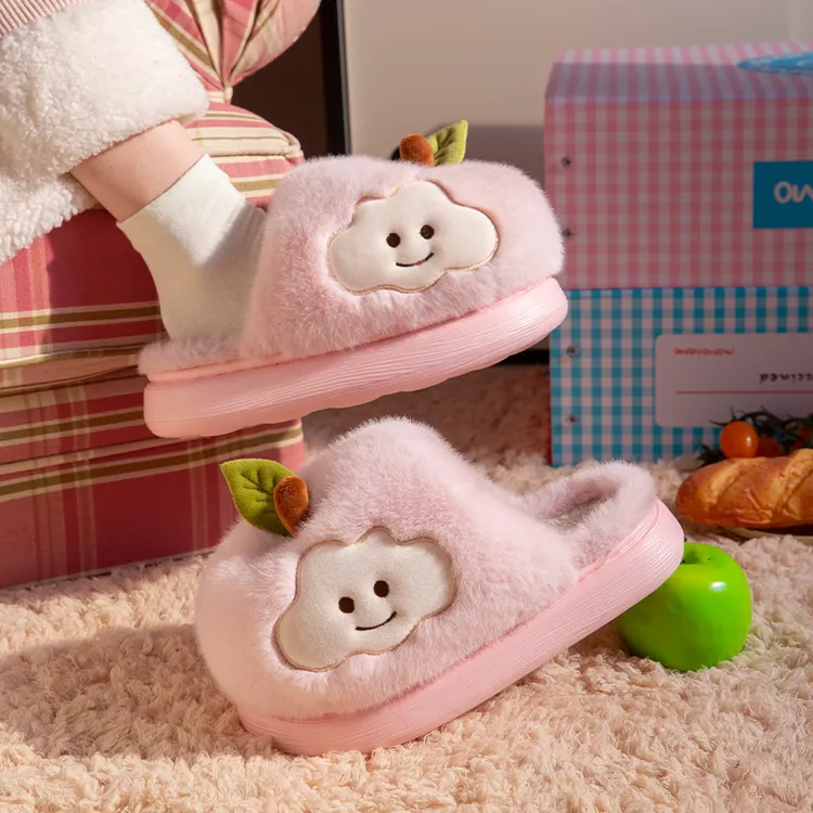 可爱苹果棉拖女亲子款2025冬季厚底浴室防滑毛绒保暖室内家居