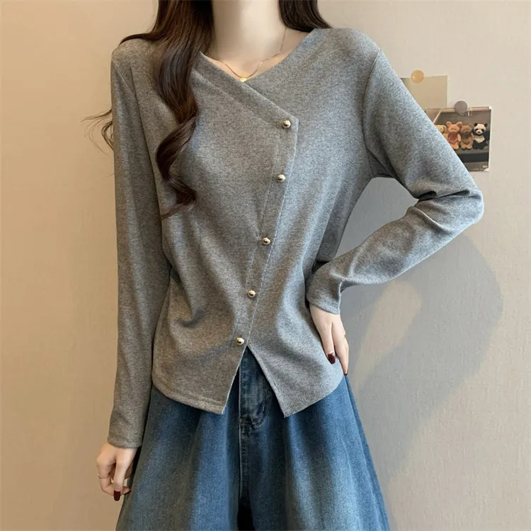 大码正肩V领打底t恤女春季新款微胖妹妹显瘦气质时尚百搭遮肉上衣