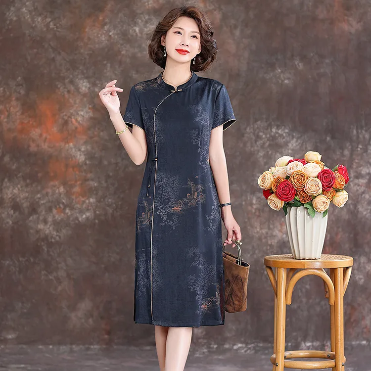 齐黛名牌大牌真丝连衣裙女2025春夏新款改良好旗袍裙新中式妈妈裙