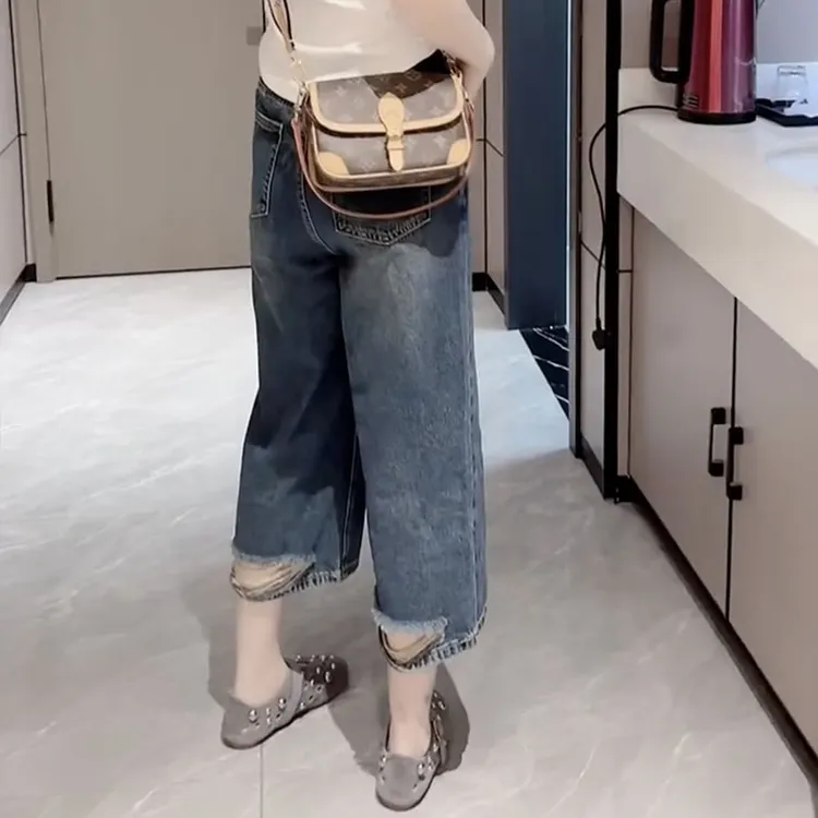 2025夏季新款牛仔裤女大码薄款显瘦八分直筒裤遮肉减龄破洞阔腿裤