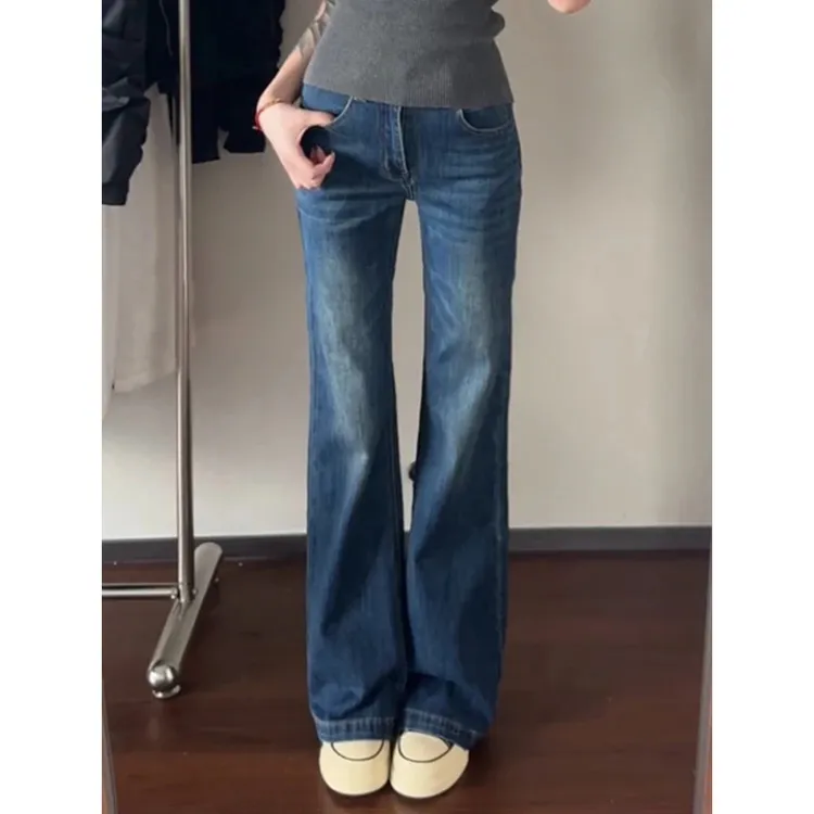 美式复古低腰微喇牛仔裤女秋季新款修身显瘦弹力直筒喇叭马蹄裤子