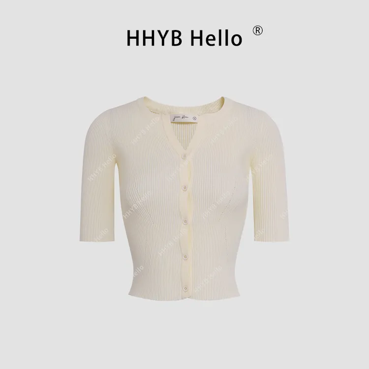 HHYB Hello单排扣V领半袖针织开衫女2025春季新款独特上衣M1061