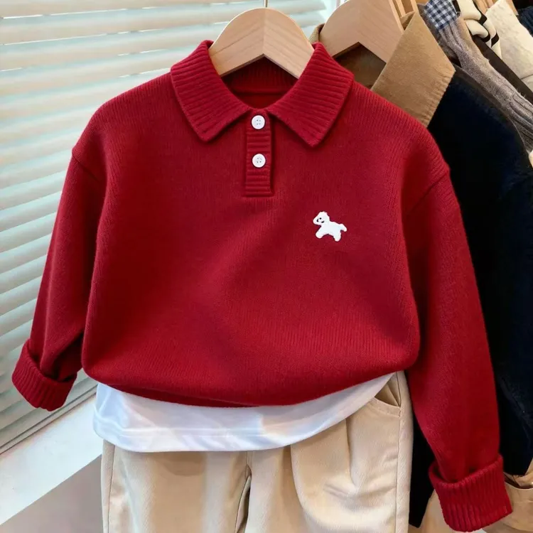 男童红色秋冬毛衣POLO领冬季新品女宝宝时尚百搭毛衣针织衫外套