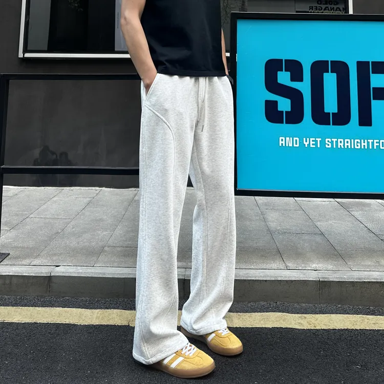 QUALCOMM基础斜切浅灰色卫裤男秋季新款潮流显瘦微喇运动休闲裤子