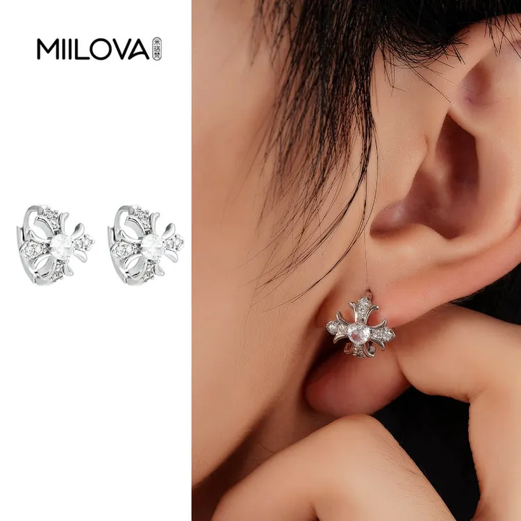 纯铜耳饰 十字架镶钻耳环男时尚个性设计锆石耳扣女轻奢百搭耳饰