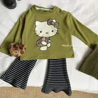 2025秋季新款童装女童猫咪T恤卡通印花T长袖打底衫条纹裤套装