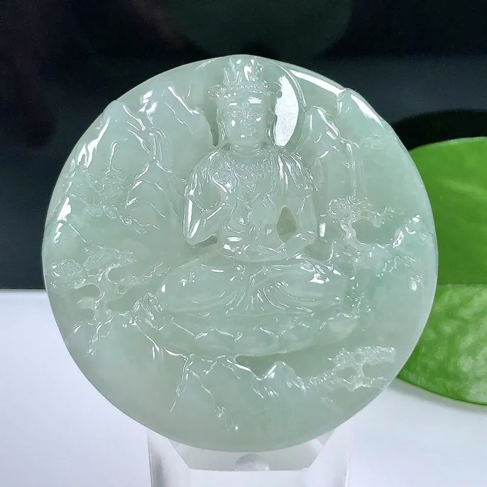 缅甸天然翡翠A货，冰种起胶山水观音吊坠冰透保真正品玉观音挂坠