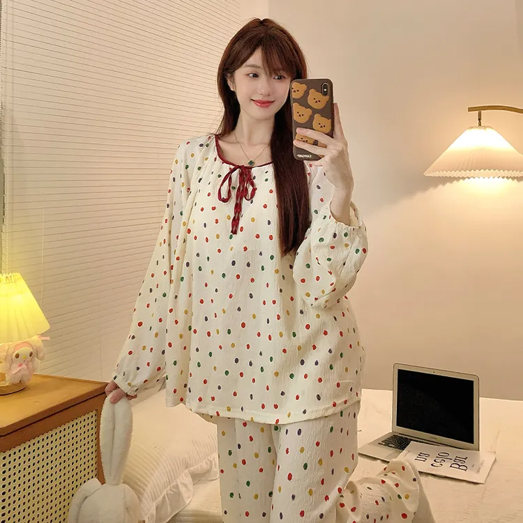 炸姐带胸垫睡衣女秋季2025新款彩色波点休闲套装宽松可外穿家居服