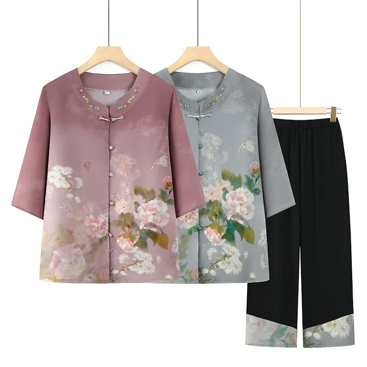 新中式中老年洋气奶奶夏季衬衫中袖套装老太太衣服薄款奶奶装