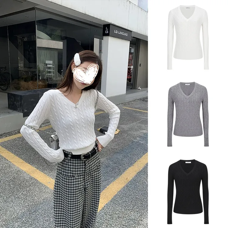 Moses Queen/魔西女王纯色V领麻花针织毛衣早秋上衣学院风长袖