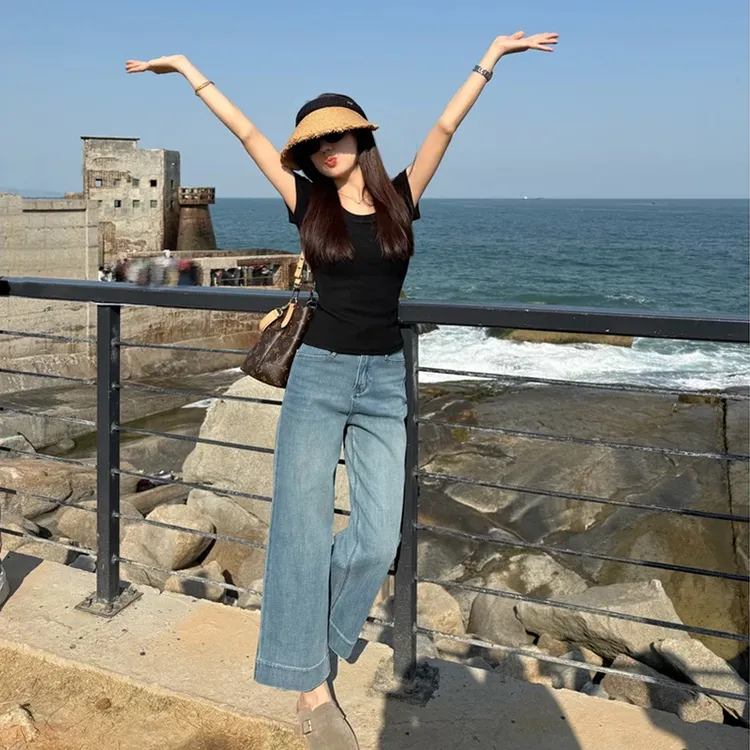 弹力九分烟管牛仔裤女2025早秋新款高腰时尚显瘦百搭设计感直筒裤