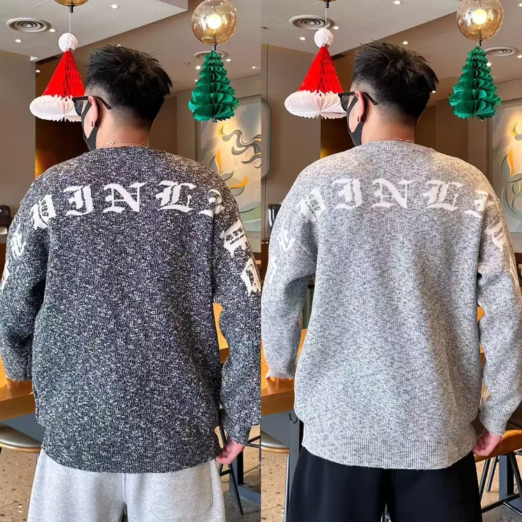 美式潮流时尚撞色字母提花工艺冬季情侣同款加厚保暖圆领针织毛衣