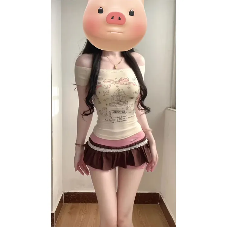 2025年夏季新款ins美式复古辣妹一字肩短袖T恤女配低腰显瘦半身裙