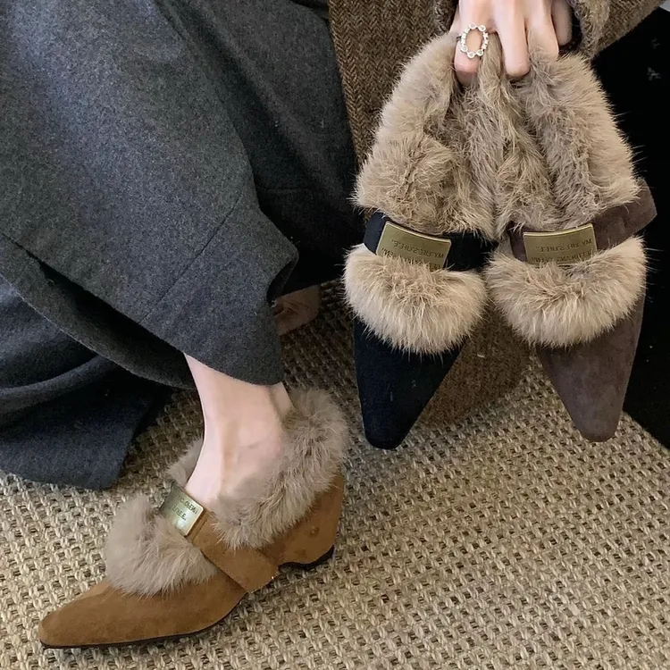 CK-7 复古一字扣毛绒玛丽珍鞋女秋冬新款休闲单鞋时髦