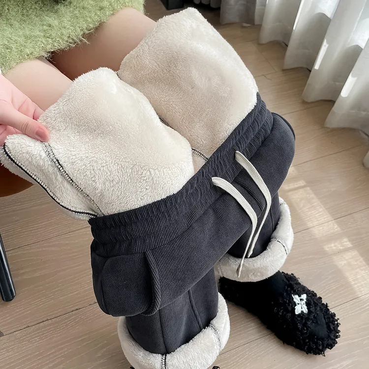 羊羔绒女裤加绒加厚小个子学生哈尔滨一件过冬保暖窄版阔腿直筒裤