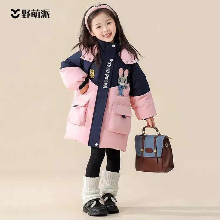女童羽绒服中长款冬季2025新款儿童兔子警官白鸭绒女宝宝冬装外套