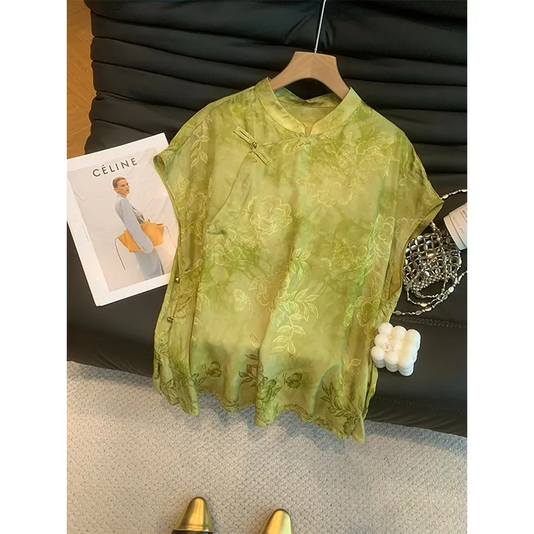 欧货2025夏女立领盘扣提花牡丹新中式国风宽松高端高级感衬衫上衣