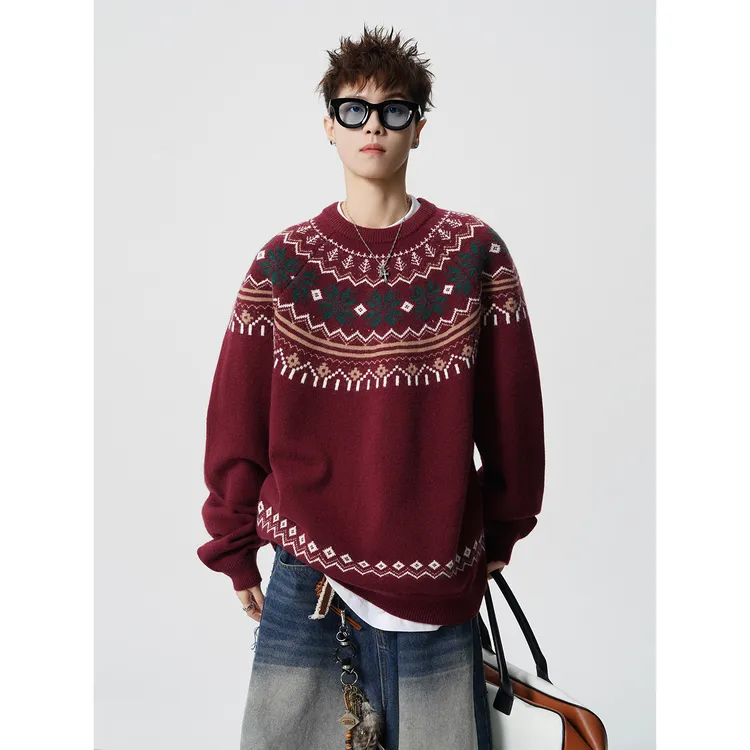美式费尔岛酒红色提花圆领毛衣男女2025冬季新款宽松松针织衫外套