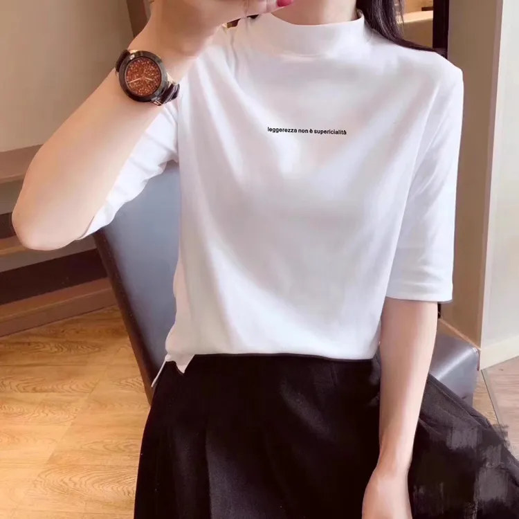 欧货白色立领棉质中袖t恤女秋装2025新款洋气设计感显瘦打底上衣