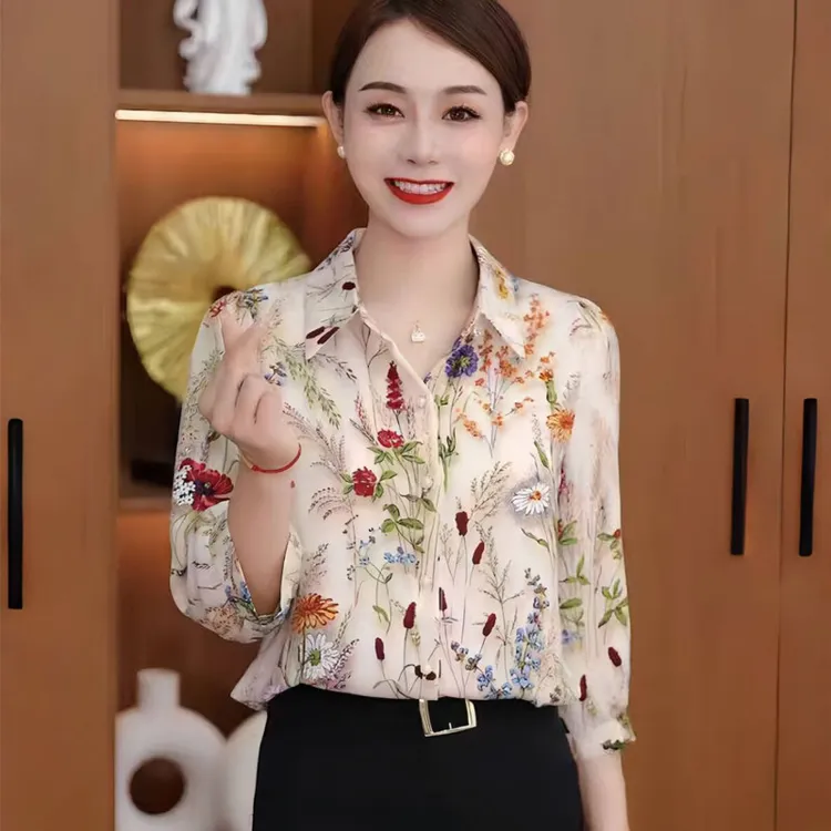 夏季大码薄款翻领碎花冰丝雪纺衬衫七分袖宽松显瘦中袖防晒开衫
