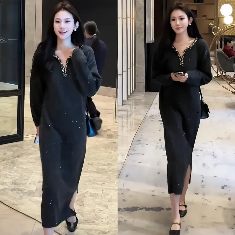 2025秋冬新款小香风名媛高级设计感法式气质时尚V领针织连衣裙女