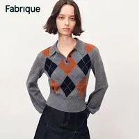 Fabrique Ferdy月岩灰绵羊毛山羊绒学院风菱格Polo领针织上衣