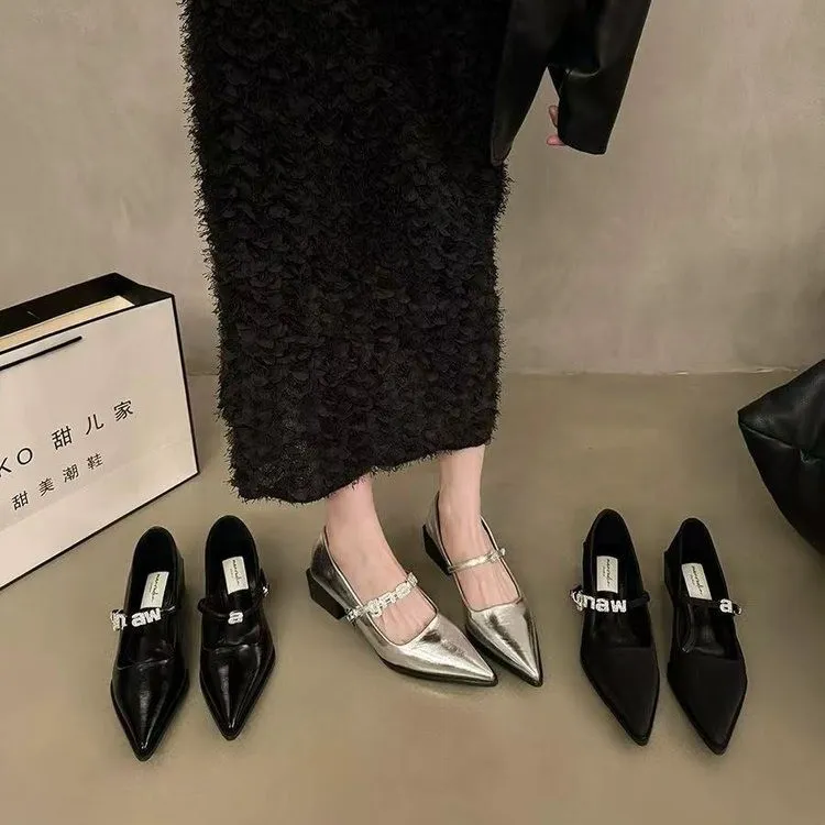 法式粗跟玛丽珍鞋春秋女鞋子2025新款爆款尖头小皮鞋晚晚银色单鞋