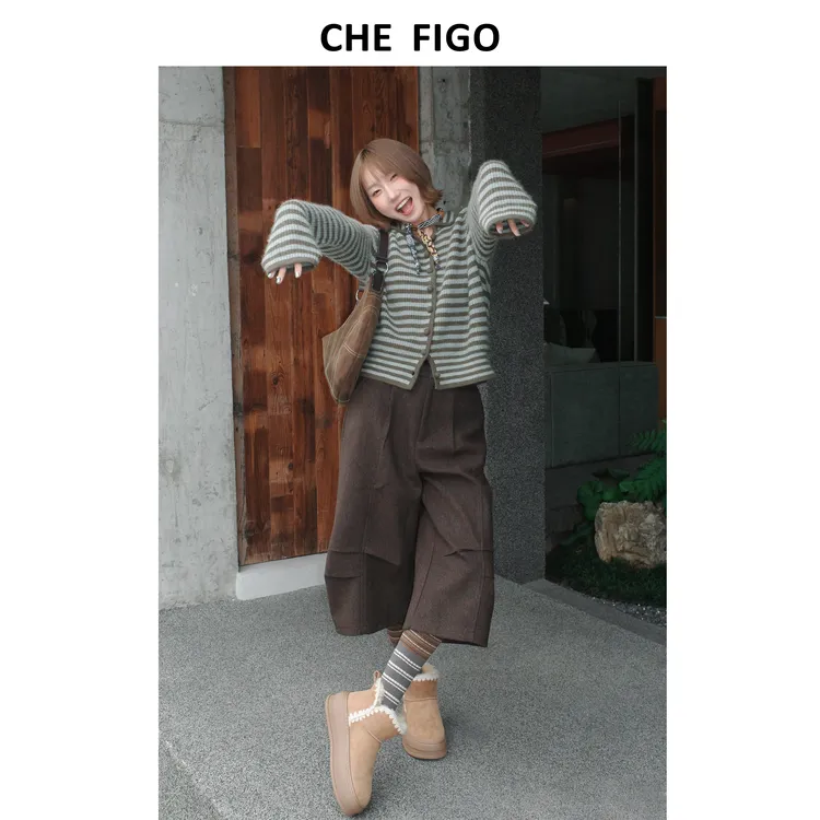 CHEFIGO 解构分割毛呢料七分裤(含腰带）