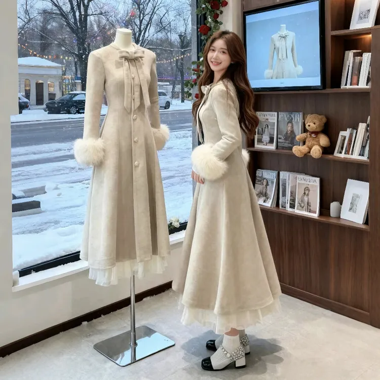 法式富家千金小香风长款毛呢外套女冬季新款加厚保暖收腰呢子大衣