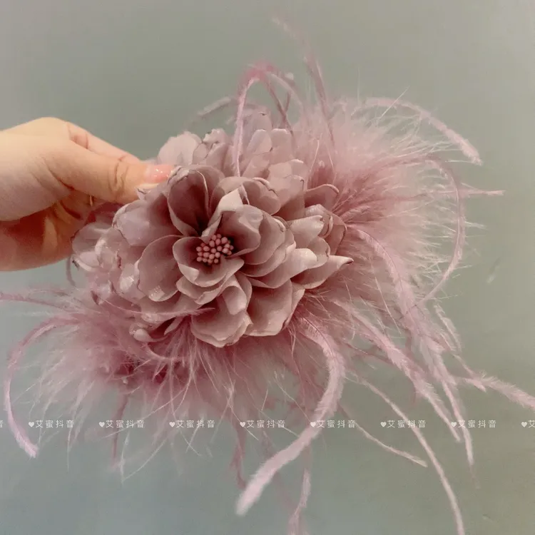 新品超仙手工花羽毛发夹13cm后脑勺抓夹优雅百搭