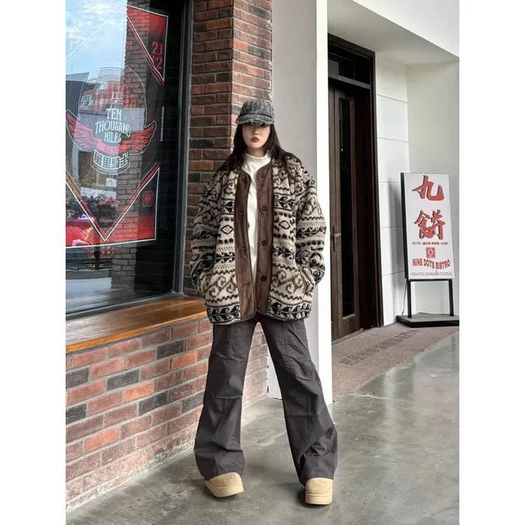 小秋家2025冬美式复古拼接腰果花羊毛棉衣加厚洋气秋冬棉服外套女