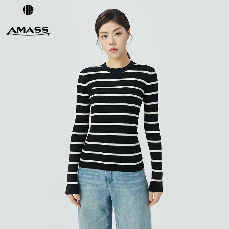 阿玛施AMASS新款女装绵羊毛圆领基础百搭条纹长袖针织衫女5399639
