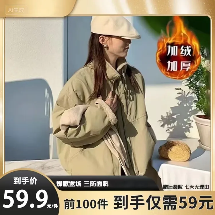 短款2025仿羊羔毛双链接派克服女小个子韩版高中生宽松休闲棉服