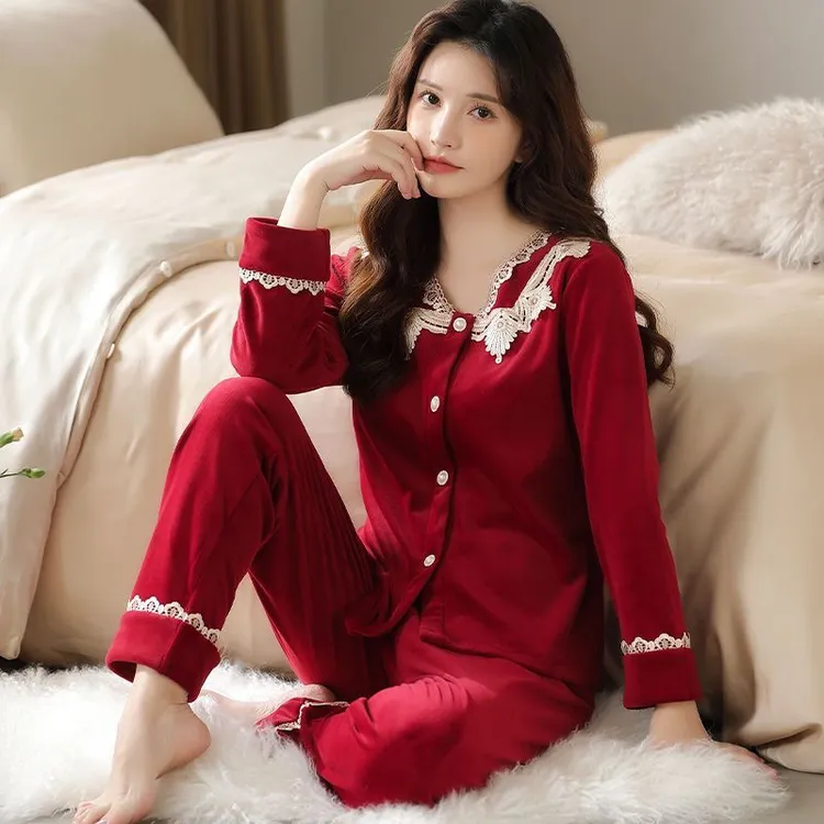 睡衣女款爆款2026新款套装纯棉春秋女士大码红色酒红本命年家居服