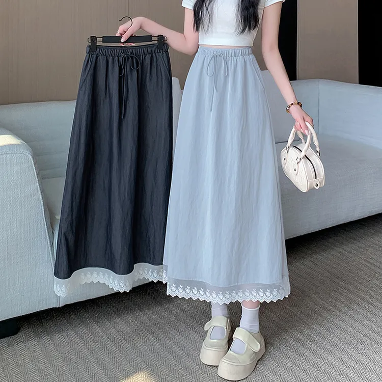 韩版高腰蕾丝花边拼接半身裙女2025夏季新款遮胯系带a字大摆伞裙