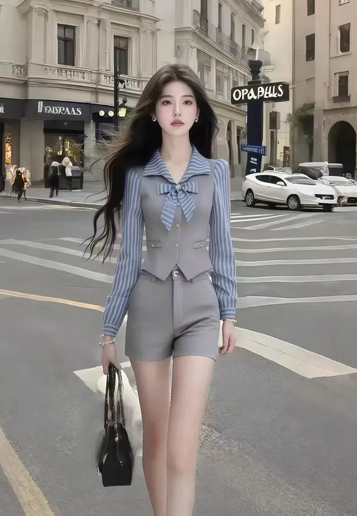 时尚小众休闲通勤风穿搭灰色条纹长袖修身上衣+灰色百搭短裤套装