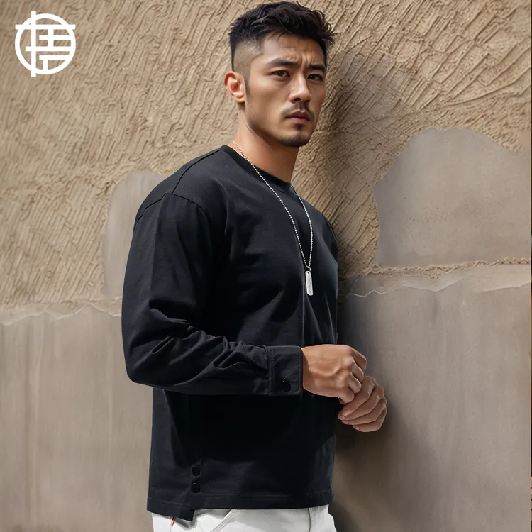 280G重磅加厚纯棉长袖T恤男士圆领宽松排扣打底衫秋冬百搭潮外套