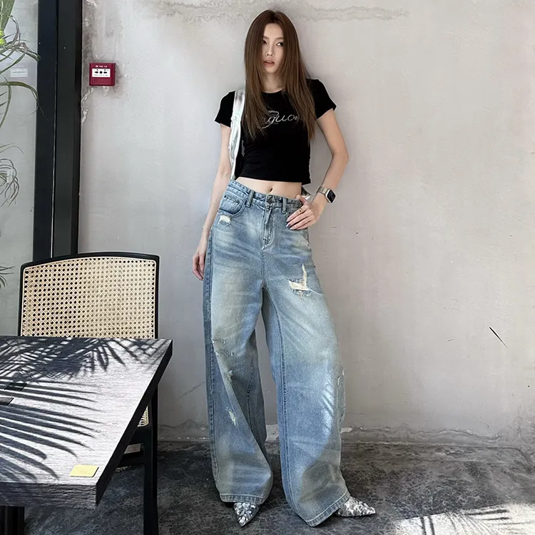 2025春夏季美式复古水洗浅蓝高腰做旧宽松慵懒直筒阔腿破洞牛仔裤
