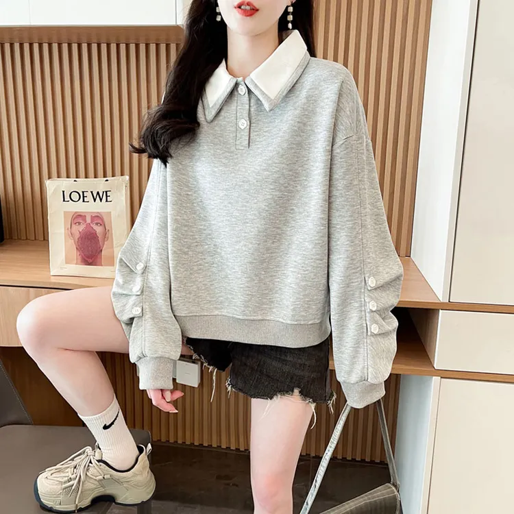 撞色polo衫卫衣女春秋薄款2025新款宽松小个子短款设计感小众上衣