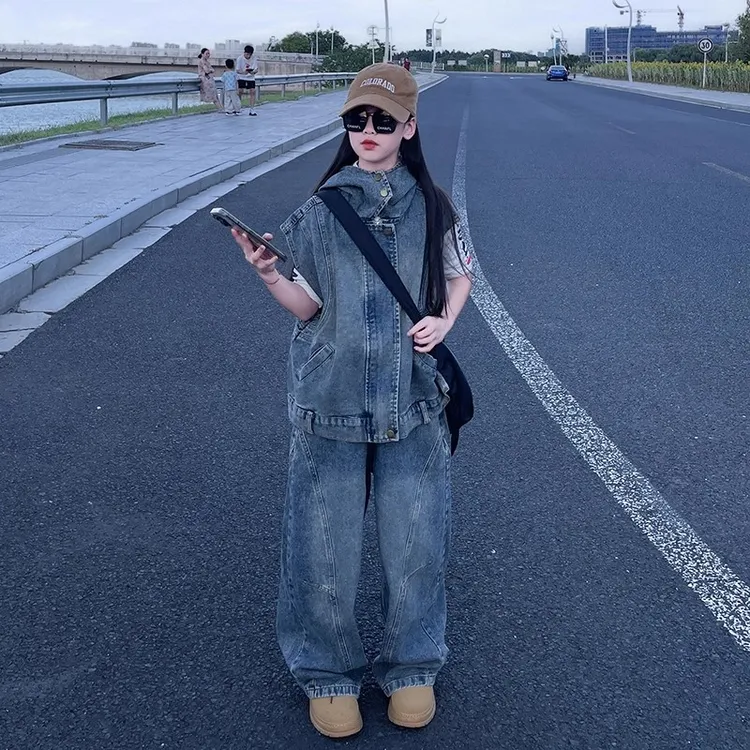 女童帽衫牛仔马甲长裤套装2025儿童中大童春秋装韩版时尚三件套潮