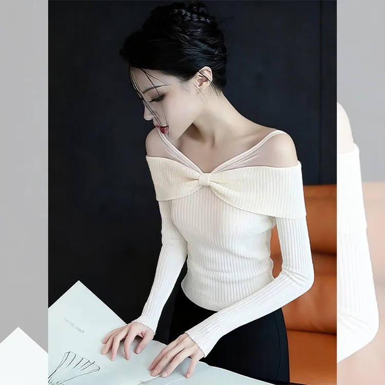 独特漂亮内搭白色网纱小衫女装韩系秋冬季洋气高贵露肩针织衫上衣