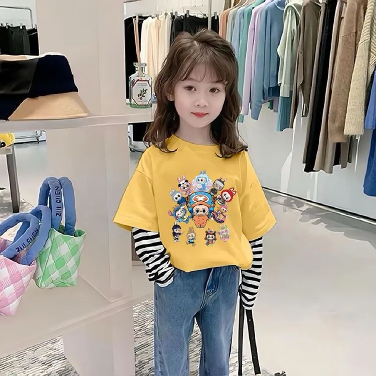 儿童纯棉春秋季布偶系新款假两件长袖T恤男女童宝宝洋气百搭上衣T