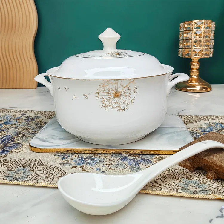 【不可明火】2000Ml带盖大汤碗大汤勺轻奢家用陶瓷金边网红餐具