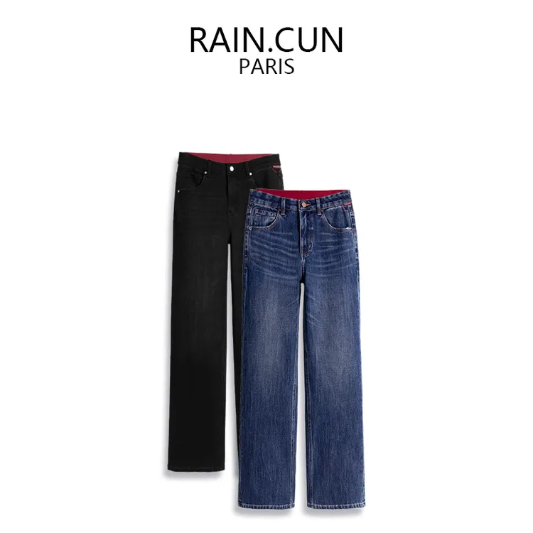 RAIN.CUN松紧高腰秋冬弹力直筒牛仔裤女长裤宽松显瘦阔腿裤11837