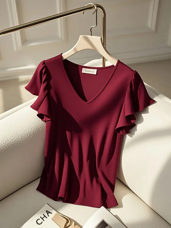 2025夏季新款法式V领飞飞袖小上衣女酒红色百搭遮肚子高档气质T恤