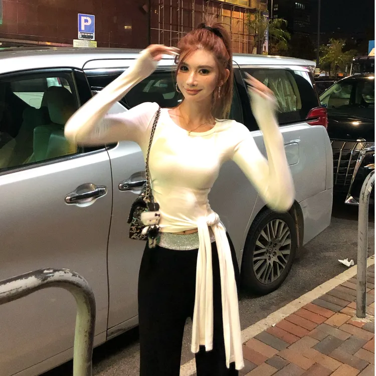 婉君【绑带T】早秋设计感绑带修身百搭纯色长袖上衣LWJ25C3T2040