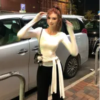 婉君【绑带T】早秋设计感绑带修身百搭纯色长袖上衣LWJ25C3T2040