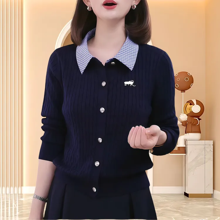 秋冬季新款时尚洋气百搭女装纽扣拼色格纹外套刺绣时尚上衣毛衣