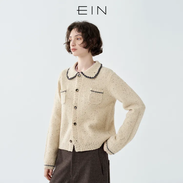 EIN/言彩点纱小香风撞色娃娃领文艺针织开衫外套2025秋冬新款