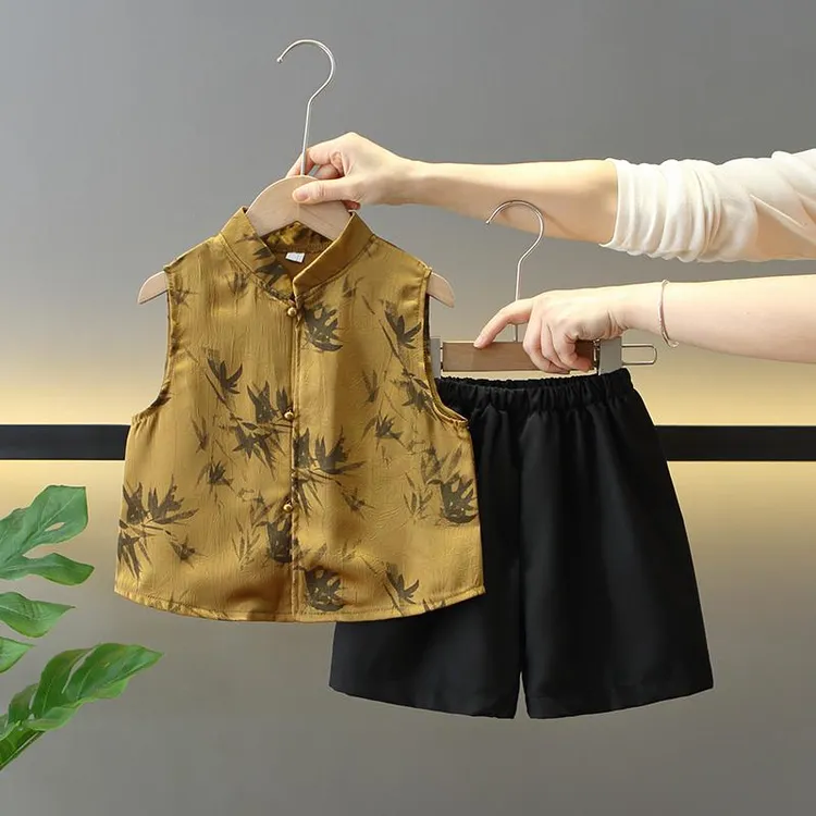 男童夏季无袖中国风唐装套装2025新款儿童夏汉服宝宝新中式表演服